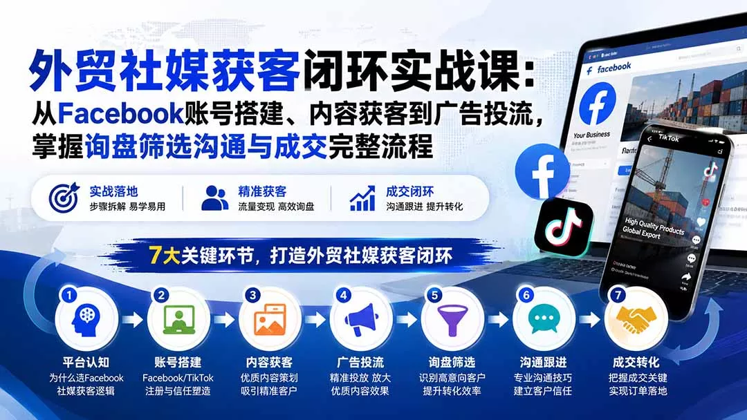 外贸社媒获客闭环实战课：从Facebook账号搭建、内容获客到广告投流，掌握询盘筛选沟通与成交完整流程-179创客网