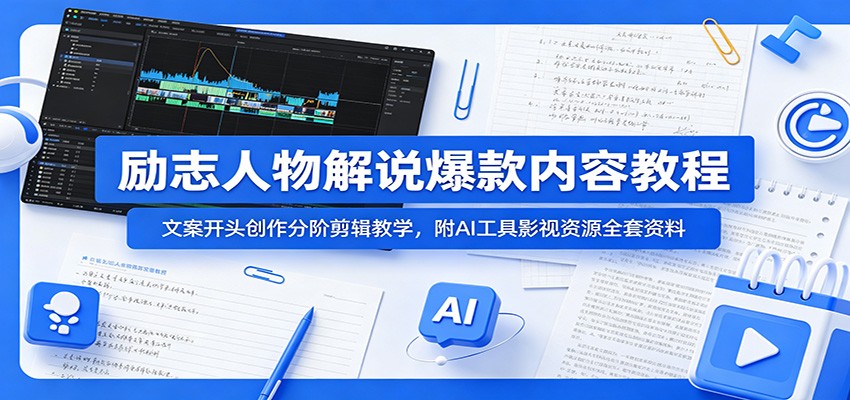 励志人物解说爆款内容教程：文案开头创作分阶剪辑教学，附AI 工具影视资源全套资料-179创客网
