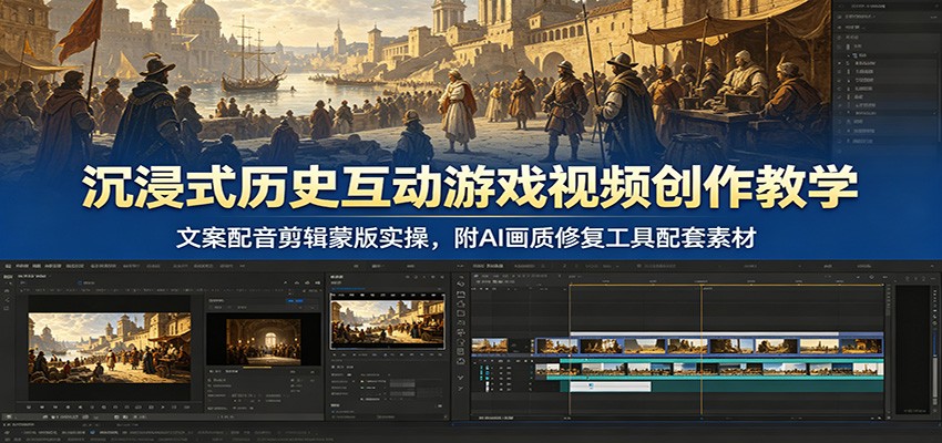 沉浸式历史互动游戏视频创作教学：文案配音剪辑蒙版实操，附AI画质修复工具配套素材-179创客网