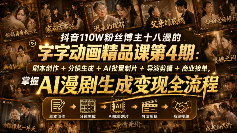 抖音110W粉丝博主十八漫的字字动画精品课第4期：剧本创作+分镜生成+剪辑+商业接单，掌握AI漫剧生成变现全流程-179创客网