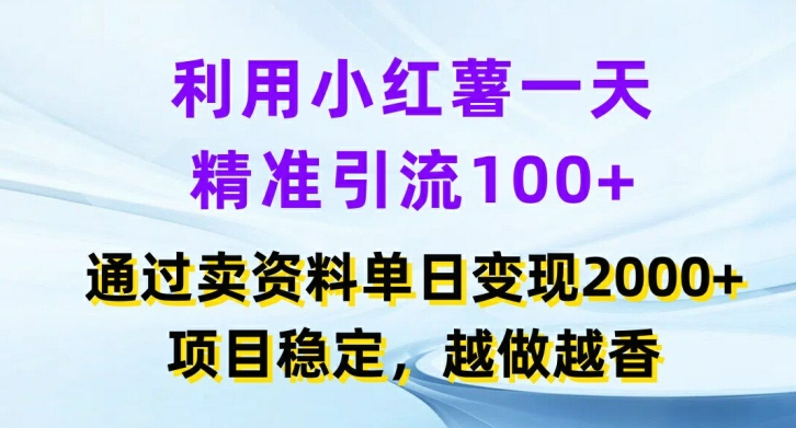 利用小红书一天精准引流100+，通过卖项目单日变现2k+，项目稳定，越做越香【揭秘】-网创资源