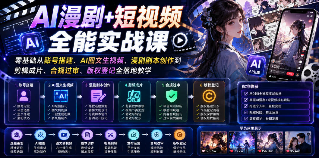 AI漫剧+短视频全能实战课｜零基础从账号搭建、AI图文生视频、漫剧剧本创作到剪辑成片、合规过审、版权登记全落地教学-179创客网