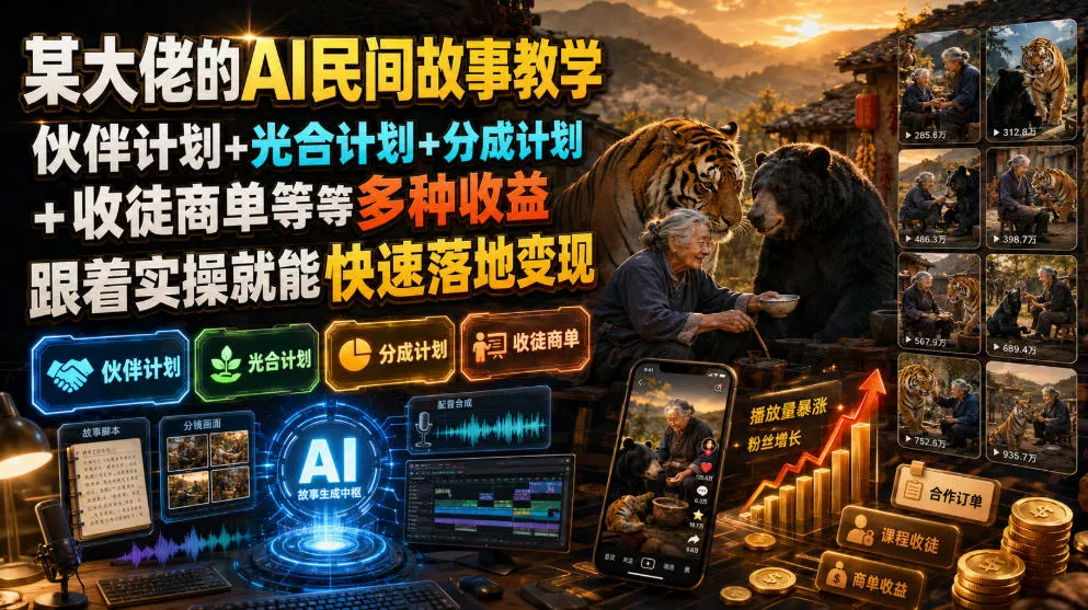 某大佬的AI民间故事教学，伙伴计划+光合计划+分成计划+收徒商单等多种收益，跟着实操就能快速落地变现-179创客网