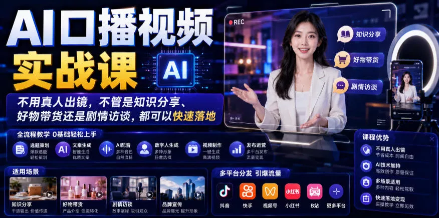 AI口播视频实战课，不用真人出镜，不管是知识分享、好物带货还是剧情访谈，都可以快速落地-179创客网