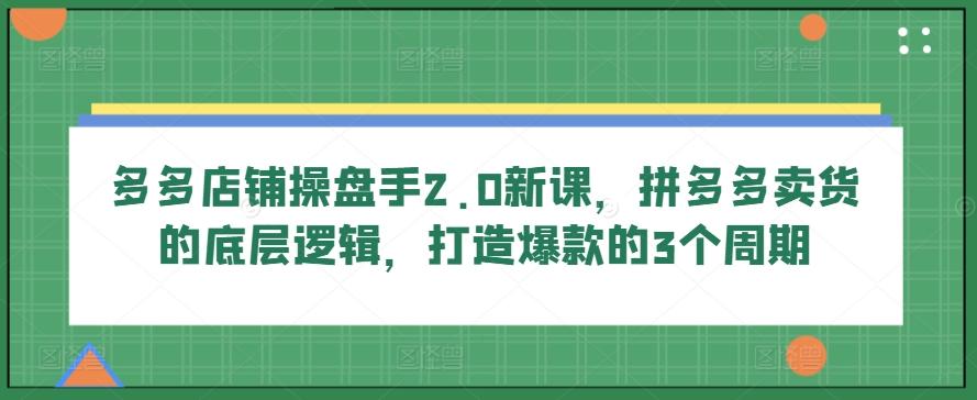 多多店铺操盘手2.0新课，拼多多卖货的底层逻辑，打造爆款的3个周期-179创客网