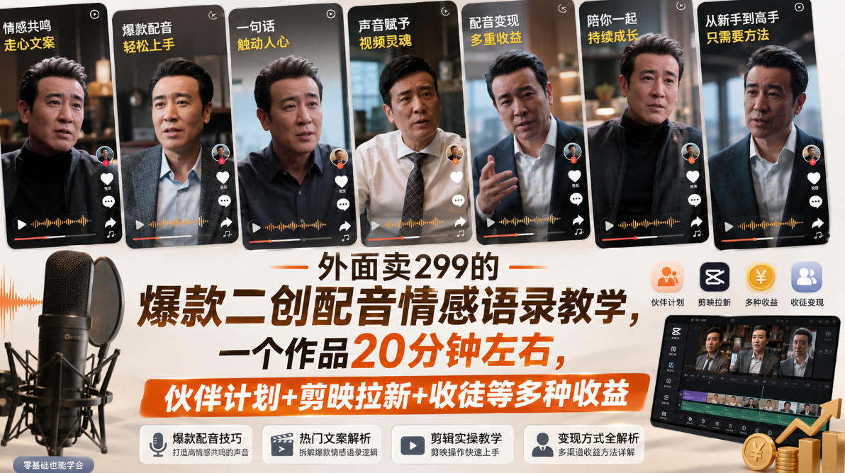 外面卖299的爆款二创配音情感语录教学，一个作品20分钟左右，伙伴计划+剪映拉新+收徒等多种收益-179创客网