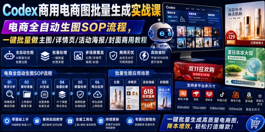 Codex商用电商图批量生成实战课｜电商全自动生图SOP流程，一键批量做主图/详情页/活动海报/封面商用教程-179创客网