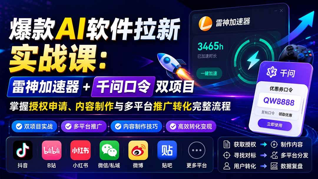 （20230期）爆款AI软件拉新实战课：雷神加速器+千问口令双项目，掌握授权申请、内容制作与多平台推广转化完整流程-179创客网