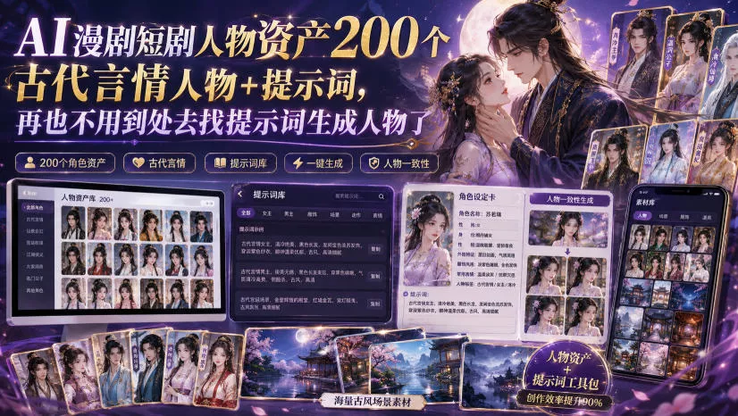 AI漫剧短剧人物资产200个古代言情人物+提示词，再也不用到处去找提示词生成人物了-179创客网