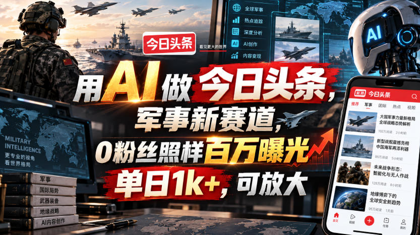 用AI做今日头条，军事新赛道，0粉丝照样百万曝光，单日1k+，可放大-179创客网