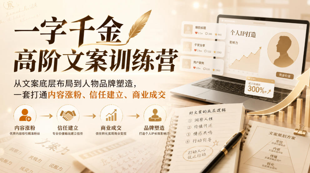一字千金高阶文案训练营，从文案底层布局到人物品牌塑造，一套打通内容涨粉、信任建立、商业成交-179创客网