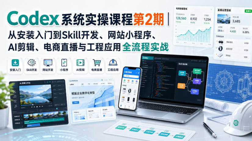 Codex系统实操课程第2期｜从安装入门到Skill开发、网站小程序、AI剪辑、电商直播与工程应用全流程实战-179创客网
