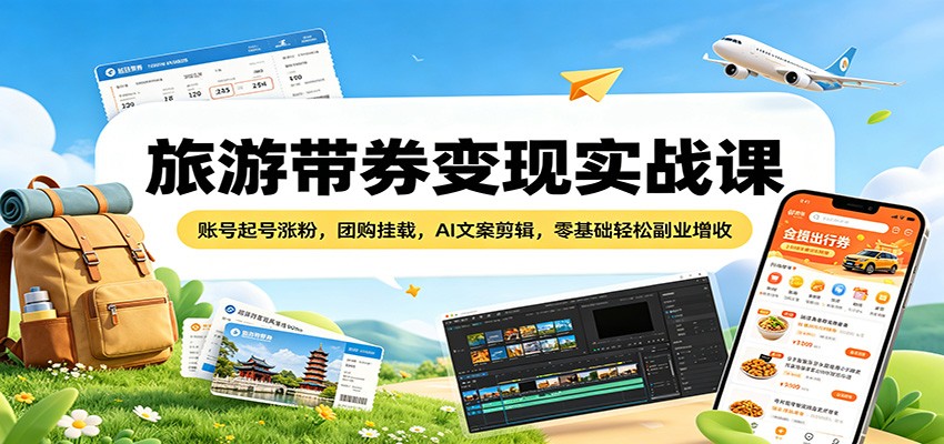 旅游带券变现实战课：账号起号涨粉，团购挂载，AI文案剪辑，零基础轻松副业增收-179创客网