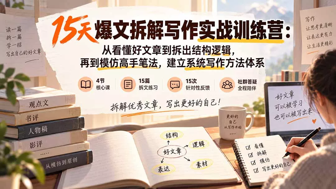 15天爆文拆解写作实战训练营：从看懂好文章到拆出结构逻辑，再到模仿高手笔法，建立系统写作方法体系-179创客网