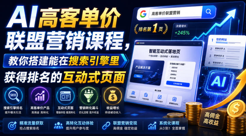 AI高客单价联盟营销课程，教你搭建能在搜索引擎里获得排名的互动式页面，引来流量，把访客转化为高佣金的成交【原创双语字幕】-179创客网