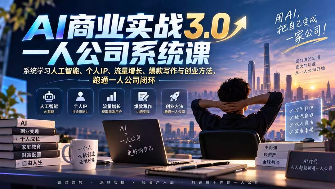 AI商业实战3.0一人公司系统课：系统学习人工智能、个人IP、流量增长、爆款写作与创业方法，跑通一人公司闭环
