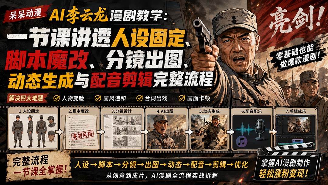（20107期）呆呆动漫AI李云龙漫剧教学：一节课讲透人设固定、脚本魔改、分镜出图、动态生成与配音剪辑完整流程-179创客网