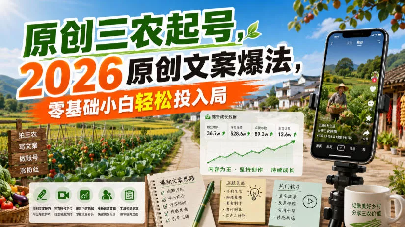 原创三农起号，2026原创文案爆法，零基础小白轻松投入局-179创客网
