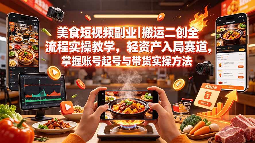 （19535期）美食短视频副业｜搬运二创全流程实操教学，轻资产入局赛道，掌握账号起号与带货实操方法-179创客网