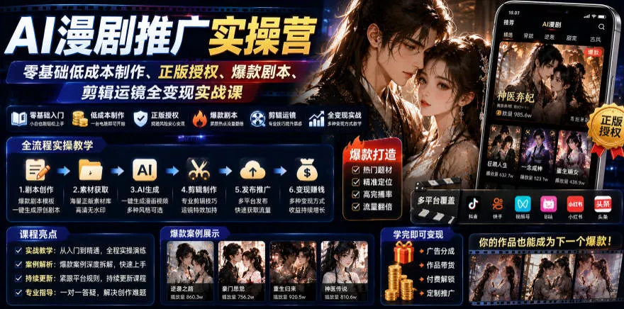 AI漫剧推广实操营｜零基础低成本制作、正版授权、爆款剧本、剪辑运镜全变现实战课-179创客网