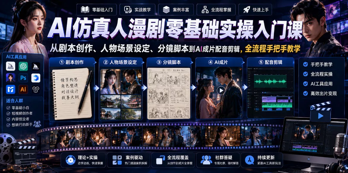 AI仿真人漫剧零基础实操入门课，从剧本创作、人物场景设定、分镜脚本到AI成片配音剪辑，全流程手把手教学-179创客网
