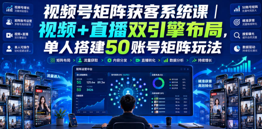 视频号矩阵获客系统课｜视频+直播双引擎布局，单人搭建50账号矩阵玩法，流量入池、搜索占位、全域引流沉淀私域全流程教学-179创客网