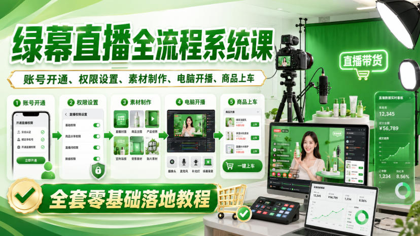 绿幕直播全流程系统课，账号开通、权限设置、素材制作、电脑开播、商品上车全套零基础落地教程-179创客网