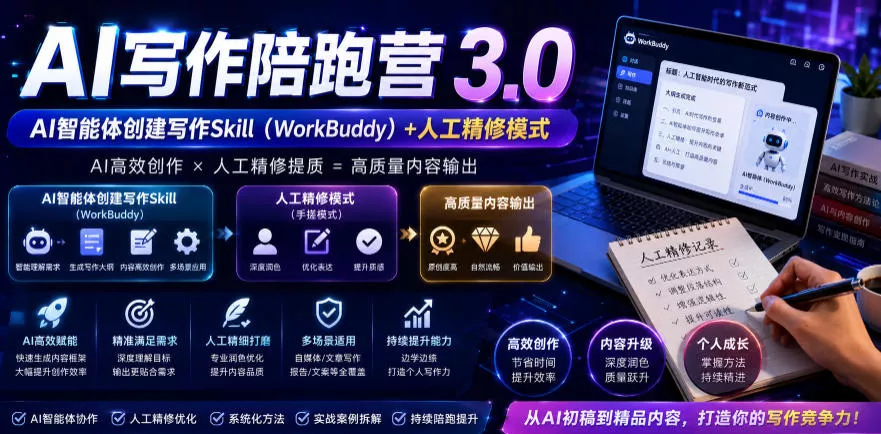 AI写作陪跑营3.0，Ai智能体创建写作skill(workbuddy)+人工手写模式(手搓模式)，去除AI痕迹(头条号、公众号、百家号)(更新0814)-179创客网