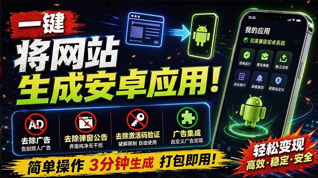 （20305期）目前最好用，一键将网站生成安卓应用！支持去除广告、弹窗公告、激活码验证、广告集成等 web-to-app-179创客网