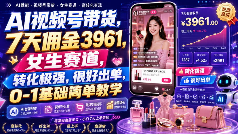 AI视频号带货，7天佣金3961，女生赛道，转化极强，很好出单，0-1基础简单教学-179创客网