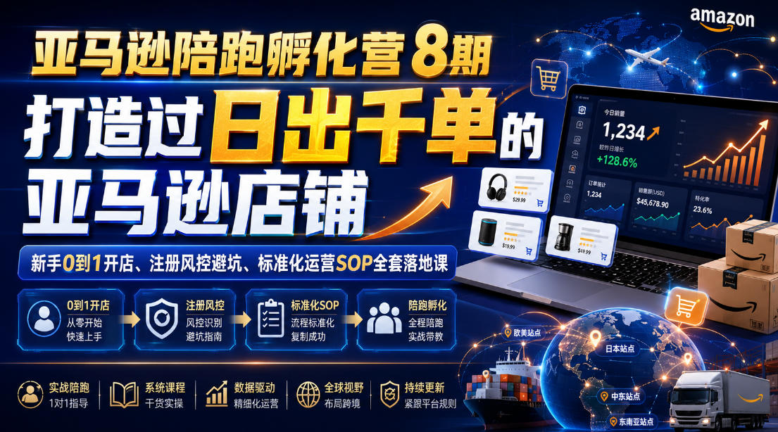 亚马逊陪跑孵化营8期，打造过日出千单的亚马逊店铺，新手0到1开店、注册风控避坑、标准化运营SOP全套落地课-179创客网