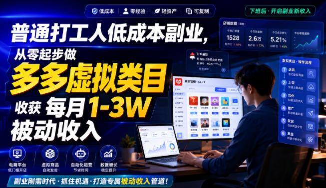 普通打工人低成本副业，从零起步做多多虚拟类目，收获每月1-3W被动收入【揭秘】-179创客网