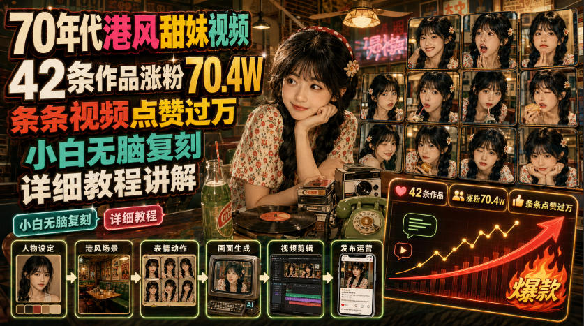 70年代港风甜妹视频，42条作品涨粉70.4W，条条视频点赞过万，小白无脑复刻，详细教程讲解-179创客网