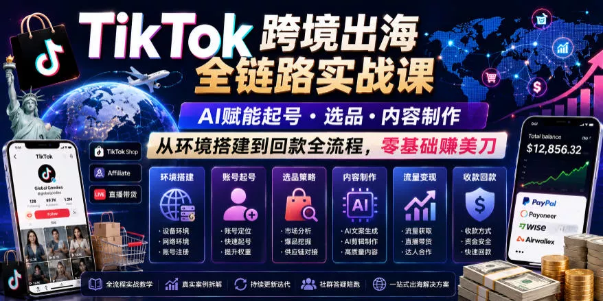 TikTok跨境出海全链路实战课，AI赋能起号・选品・内容制作，从环境搭建到回款全流程，零基础賺美刀-179创客网