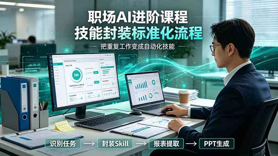 职场AI进阶课程；多类实用Skill工具实操，专属技能封装标准化流程，报表行业报告一键提取核心内容-179创客网