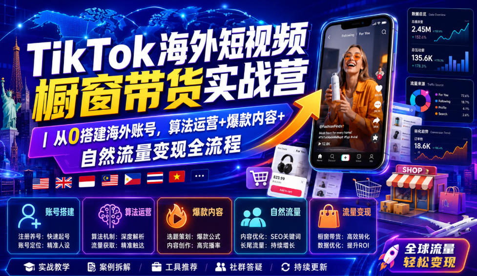 TikTok海外短视频橱窗带货实战营｜从0搭建海外账号，算法运营+爆款内容+自然流量变现全流程-179创客网