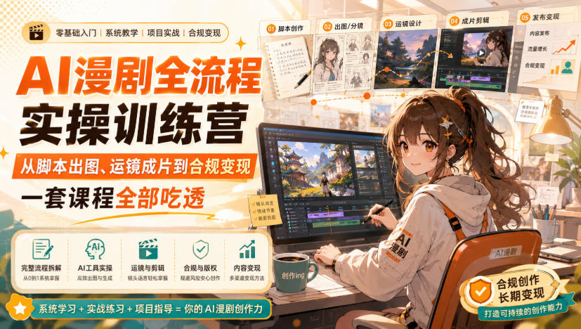 AI漫剧全流程实操训练营，从脚本出图、运镜成片到合规变现，一套课程全部吃透-179创客网