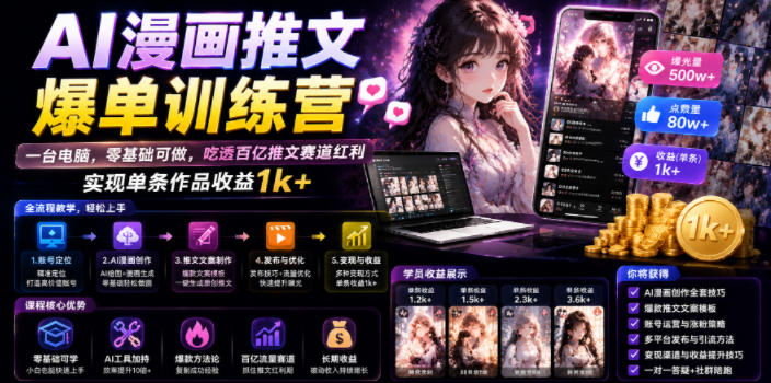 AI漫画推文爆单训练营，一台电脑，零基础可做，吃透百亿推文赛道红利，实现单条作品收益1k+（更新0705）-179创客网