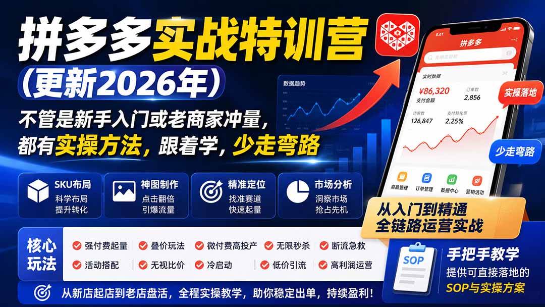 （19842期）拼多多实战特训营(更新2026年)：不管是新手入门或老商家冲量，都有实操方法，跟着学，少走弯路-179创客网