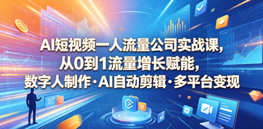 AI短视频一人流量公司实战课，从0到1流量增长赋能，数字人制作・AI自动剪辑・多平台变现，一人做流量生意全落地教程-179创客网