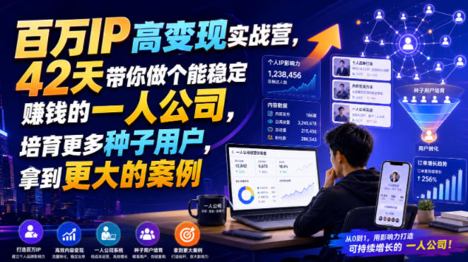百万IP高变现实战营，42天带你做个能稳定賺钱的一人公司，培育更多种子用户，拿到更大的案例-179创客网