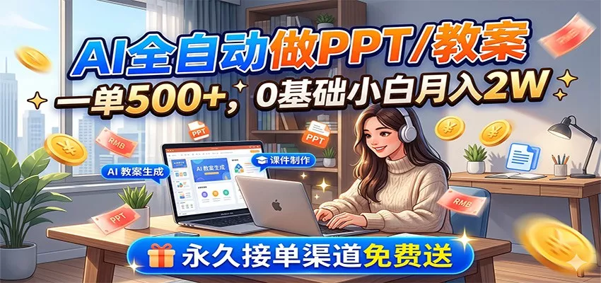 AI全自动做PPT/教案，一单500+，0基础小白月入2W，永久接单渠道免费送-179创客网