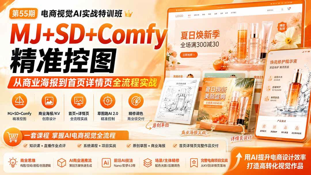 （20027期）电商视觉 AI实战训练营第55期：MJ+SD+Comfy精准控图，从商业海报到首页详情页全流程实战-179创客网