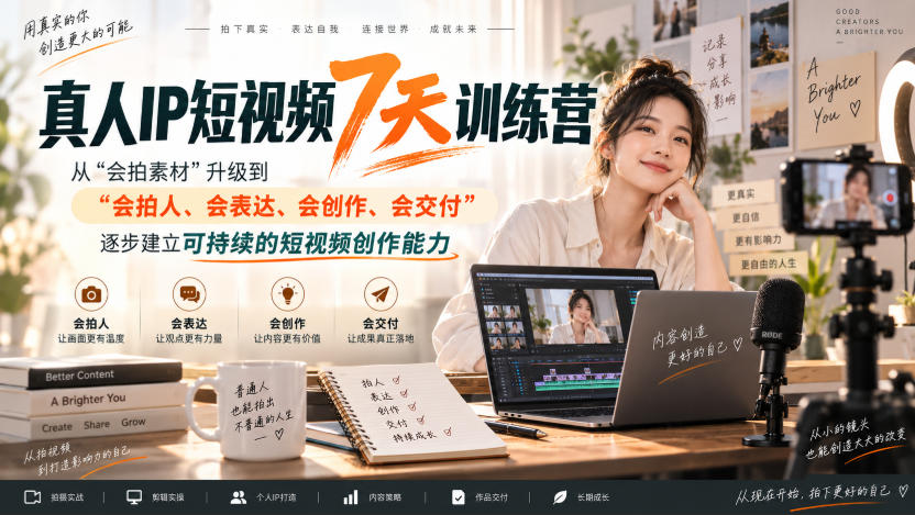真人IP短视频7天训练营，从“会拍素材”升级到“会拍人、会表达、会创作、会交付”，逐步建立可持续的短视频创作能力-179创客网