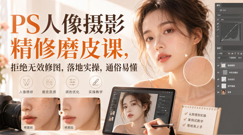 PS人像摄影精修磨皮课，拒绝无效修图，落地实操，通俗易懂-179创客网