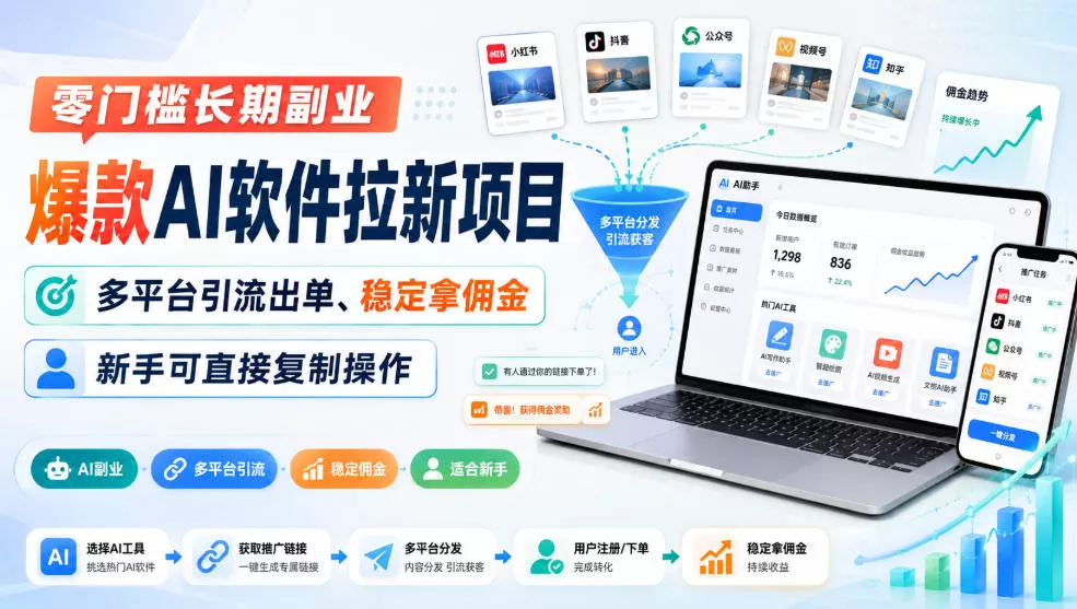 零门槛长期副业，爆款AI软件拉新项目，多平台引流出单、稳定拿佣金，新手可直接复制操作-179创客网