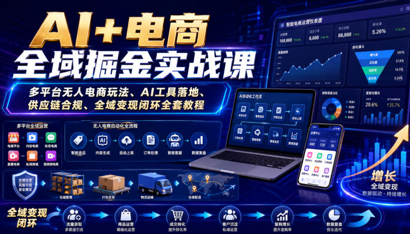 AI+电商全域掘金实战课｜多平台无人电商玩法、AI工具落地、供应链合规、全域变现闭环全套教程-179创客网