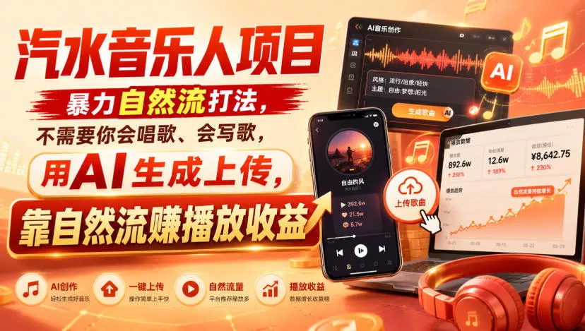 汽水音乐人项目，暴力自然流打法，不需要你会唱歌、会写歌，用AI生成上传，靠自然流賺播放收益-179创客网