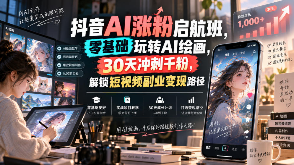 抖音AI涨粉启航班，零基础玩转AI绘画，30天冲刺千粉，解锁短视频副业变现路径-179创客网