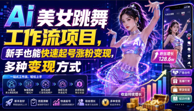 Ai美女跳舞工作流项目，新手也能快速起号涨粉变现，多种变现方式-179创客网